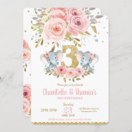 Elephant Twin Girls 3e verjaardag Uitnodiging