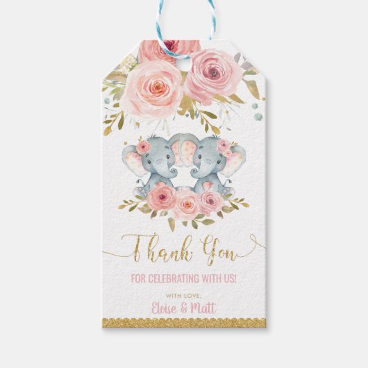 Elephant Twin Girls Baby shower Dank je wel gunst Cadeaulabel (Voorkant)