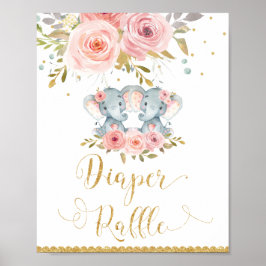 Elephant Twin Girls Baby shower Diaper Raffle Sign Poster
