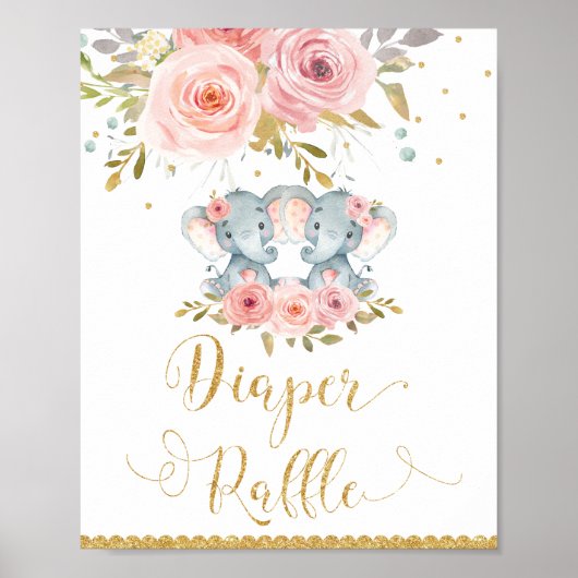 Elephant Twin Girls Baby shower Diaper Raffle Sign Poster (Voorkant)
