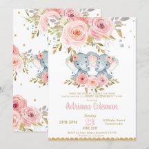 Elephant Twin Girls Baby shower Invitation Floral