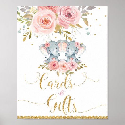 Elephant Twin Girls Baby shower Kaarten & Gifts Si Poster (Voorkant)