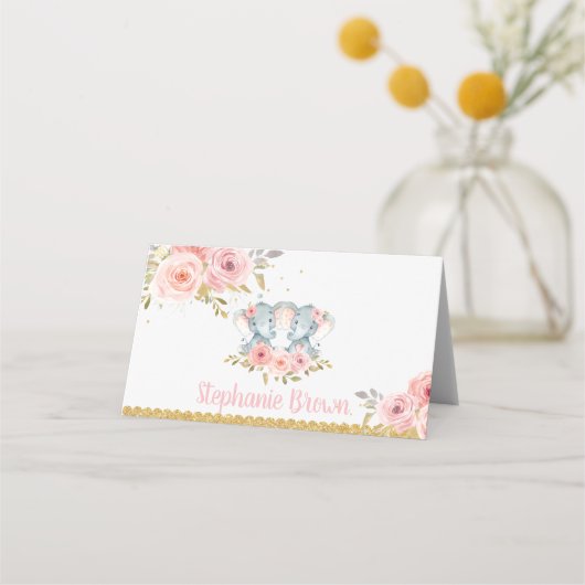 Elephant Twin Girls Baby shower Roze Bloemen Plaatskaartje (Voorkant)