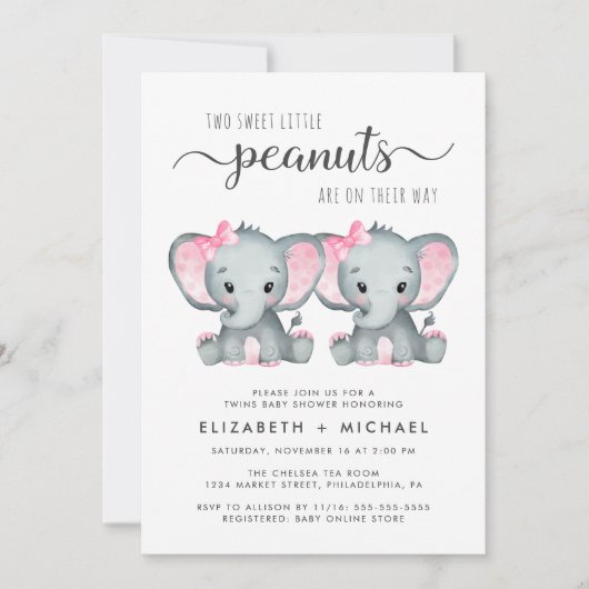 Elephant Twin Girls Couples Baby shower Kaart (Voorkant)