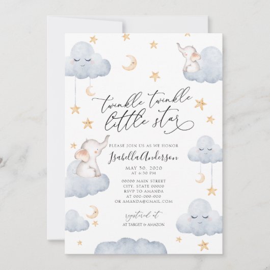 Elephant Twinkle Little Star Yellow Baby shower Kaart (Voorkant)