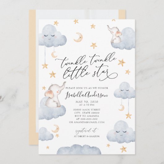 Elephant Twinkle Little Star Yellow Baby shower Kaart (Voorkant / Achterkant)