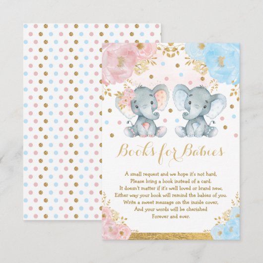 Elephant Twins Blue Pink Floral Books voor baby's Informatiekaartje (Voorkant / Achterkant)