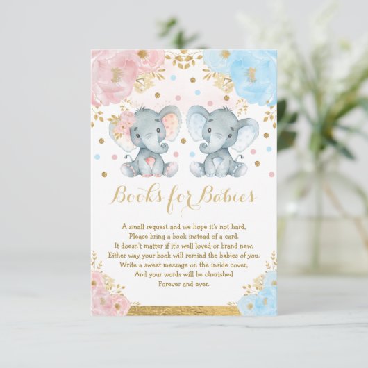 Elephant Twins Blue Pink Floral Books voor baby's Informatiekaartje (Staand voorkant)