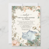 Elephant Twins Florals Cream Virtual Baby shower Kaart (Voorkant)