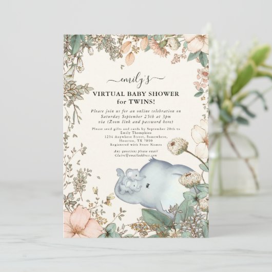 Elephant Twins Florals Cream Virtual Baby shower Kaart (Staand voorkant)