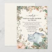 Elephant Twins Florals Cream Virtual Baby shower Kaart (Voorkant / Achterkant)