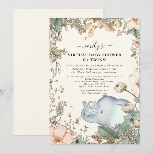 Elephant Twins Florals Cream Virtual Baby shower Kaart (Voorkant / Achterkant)