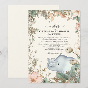 Elephant Twins Florals Cream Virtual Baby shower Kaart