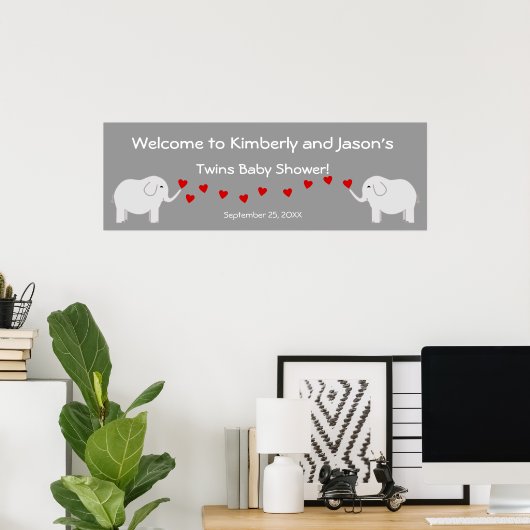 Elephant Twins Gender Neutral Baby shower Banner Poster (Thuiskantoor)