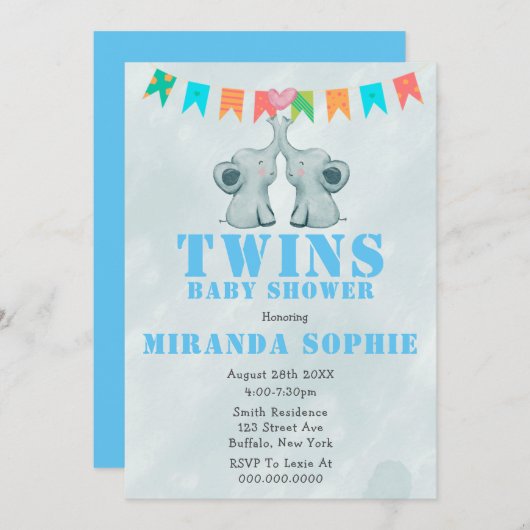 Elephant Twins Waterverf Baby Shower Invitations (Voorkant / Achterkant)