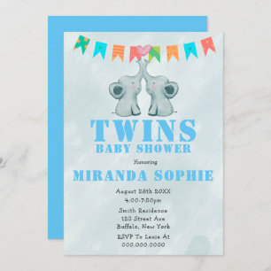 Elephant Twins Waterverf Baby Shower Invitations