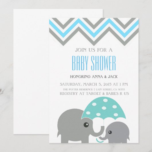 Elephant Umbrella Baby shower Party Invitation Kaart (Voorkant / Achterkant)