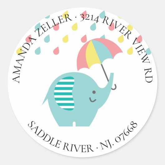 Elephant Umbrella Baby shower retour adreslabel Ronde Sticker (Voorkant)