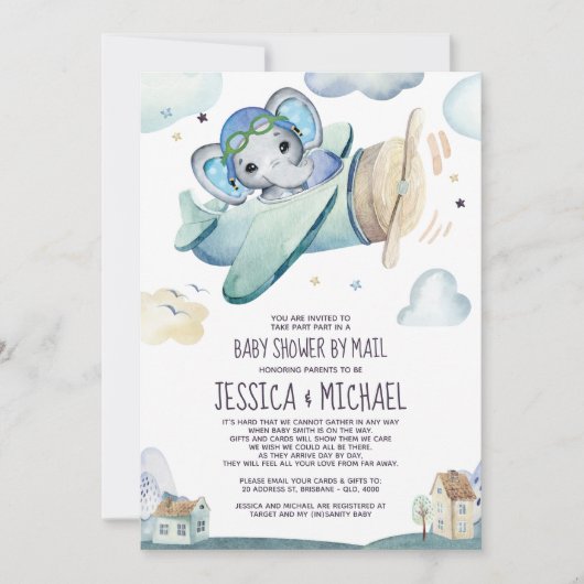 Elephant-vliegtuig | Baby shower per post Kaart (Voorkant)