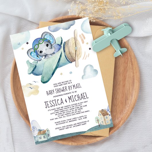 Elephant-vliegtuig | Baby shower per post Kaart