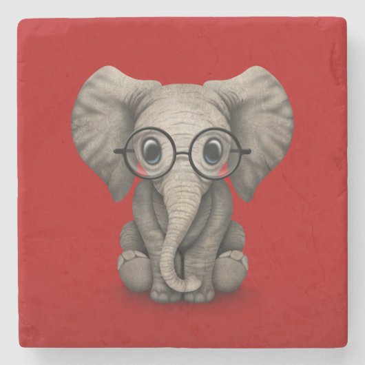 Elephant voor Cute Baby met leesbril Red Stenen Onderzetter (Voorkant)