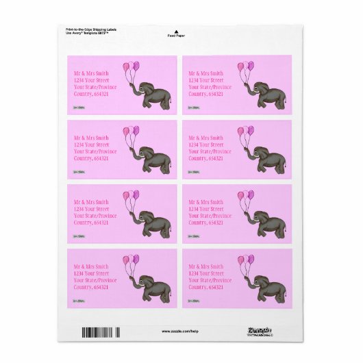 Elephant voor geviering (roze) etiket (Full Sheet)