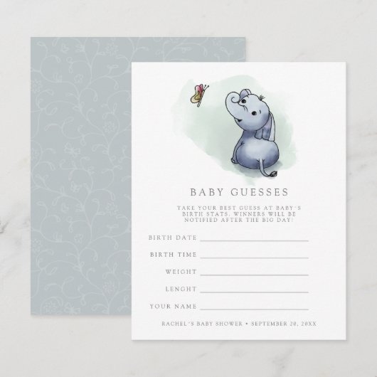 Elephant w butterfly baby shower gaming game kaart (Voorkant / Achterkant)