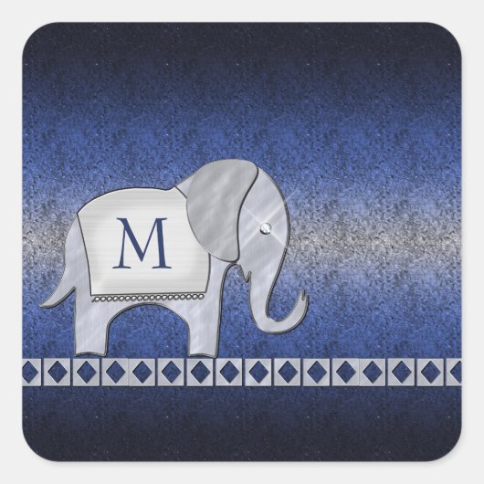 Elephant Walk Monogram Silver/Blue ID390 Vierkante Sticker (Voorkant)