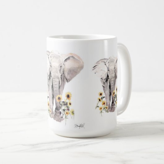 Elephant walking in the middle of sunflowers koffiemok (Voorkant rechts)