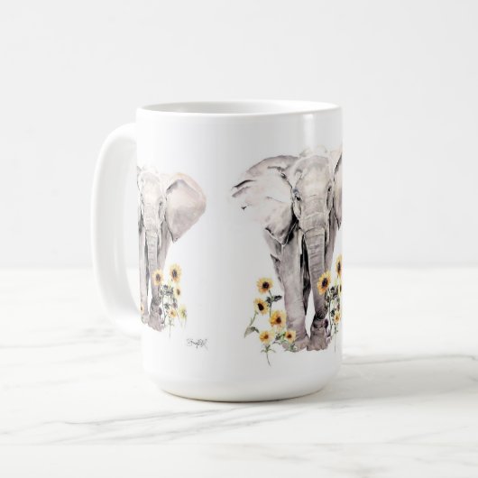 Elephant walking in the middle of sunflowers koffiemok (Voorkant links)