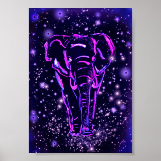Elephant Walking Poster Paars Roze Night Painting (Voorkant)