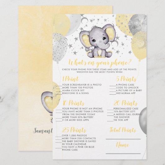 Elephant Wat is er op je Baby shower Game? (Voorkant / Achterkant)