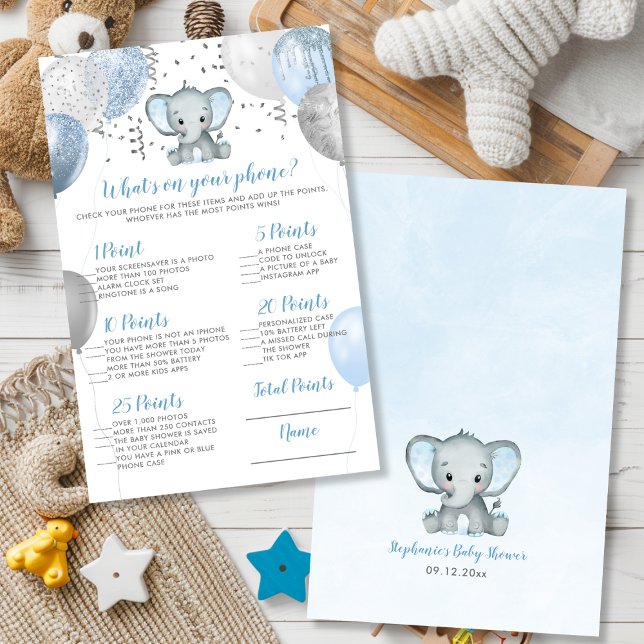 Elephant Wat is er op je Baby shower Game? (Elephant What's on your Phone Baby Shower Game)