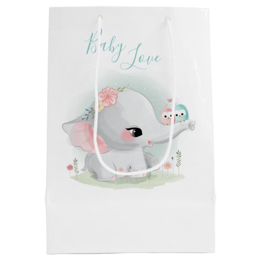 Elephant Waterverf Baby Love Medium Gift Bag Medium Cadeauzakje (Achterkant)