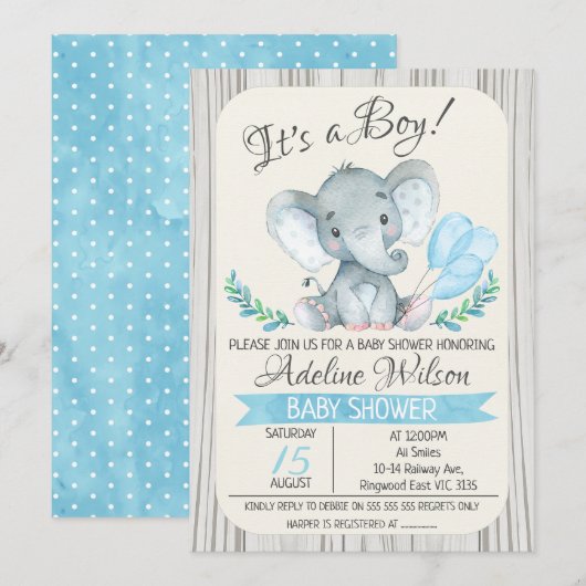 Elephant Waterverf Baby shower Invitation Kaart (Voorkant / Achterkant)
