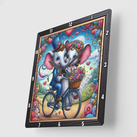 Elephant Wedding Bicycle Romantic Vierkante Klok (Hoek)