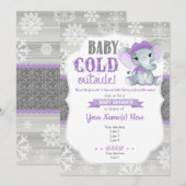 Elephant Winter Invitation for Girl Shower Paars Kaart (Voorkant / Achterkant)