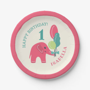 Elephant with Balloons Girls 1ste verjaardag Papieren Bordje