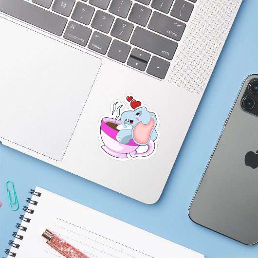 Elephant with Coffee Cup Sticker (Laptop met iPhone)