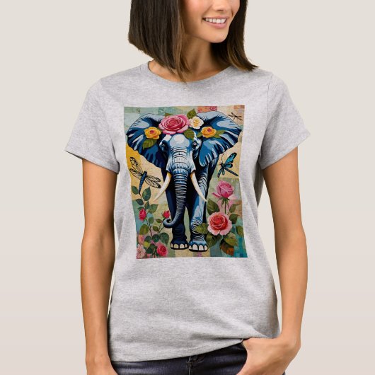 Elephant With Roses And Dragonflies Patchwork T-shirt (Voorkant)