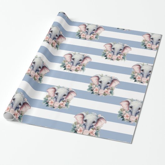Elephant Wrapping Paper Blue & White Stripe Cadeaupapier (Uitgerold)
