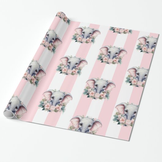Elephant Wrapping Paper Pink & White Stripe  Cadeaupapier (Uitgerold)