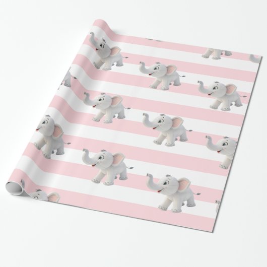 Elephant Wrapping Paper Pink & White Stripe  Cadeaupapier (Uitgerold)