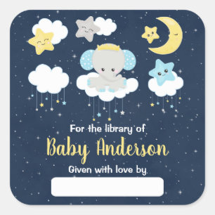 Elephant Yellow and Navy Baby Library Bookplate Vierkante Sticker