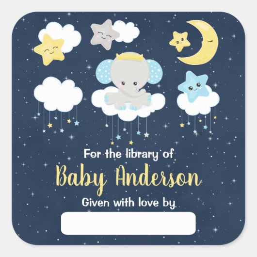 Elephant Yellow and Navy Baby Library Bookplate Vierkante Sticker (Voorkant)