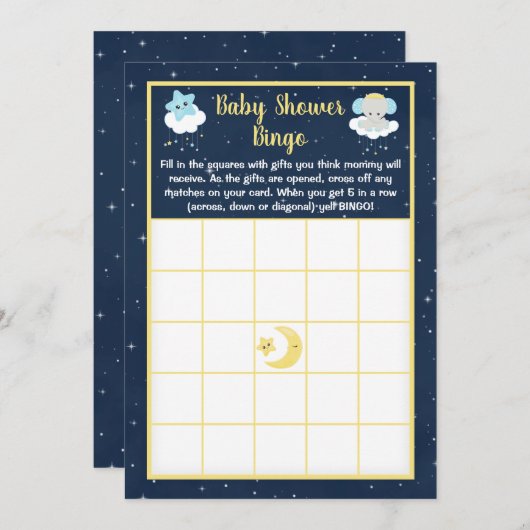 Elephant Yellow and Navy Baby shower Bingo Kaart (Voorkant / Achterkant)
