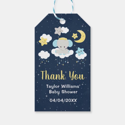 Elephant Yellow and Navy Baby shower Dank u wel Cadeaulabel (Voorkant)