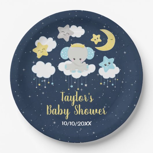 Elephant Yellow and Navy Baby shower Papieren Bordje (Voorkant)