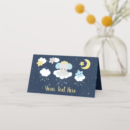 Elephant Yellow and Navy Baby shower Plaatskaartje (Voorkant)