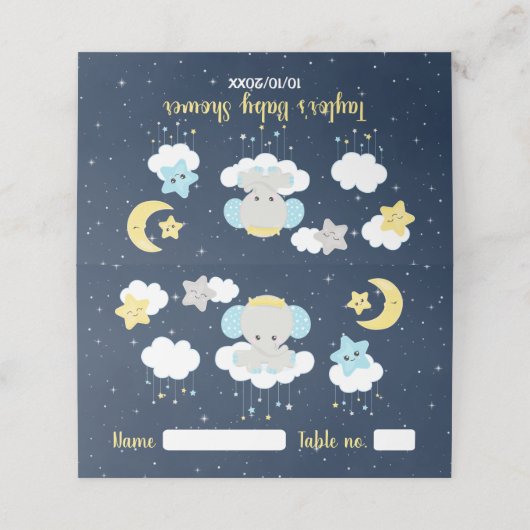 Elephant Yellow and Navy Baby shower Seating Plaatskaartje (Buitenkant ongevouwen)